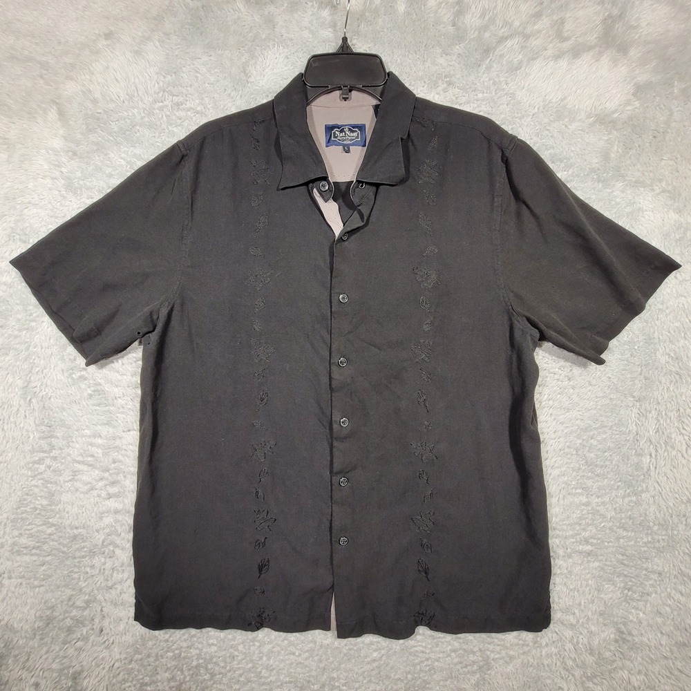 Nat Nast Luxury Originals Mens L Black Silk Blend Embroidered Button Down Shirt
